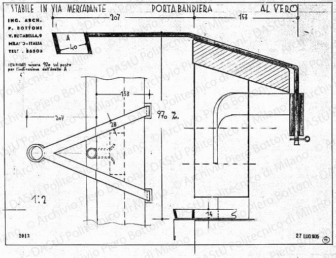 Stabile in via Mercadante, portabandiera, scala 1:1, prot. 2013, 27 luglio 1935. Matita su lucido, cm 37,4x51,2. 