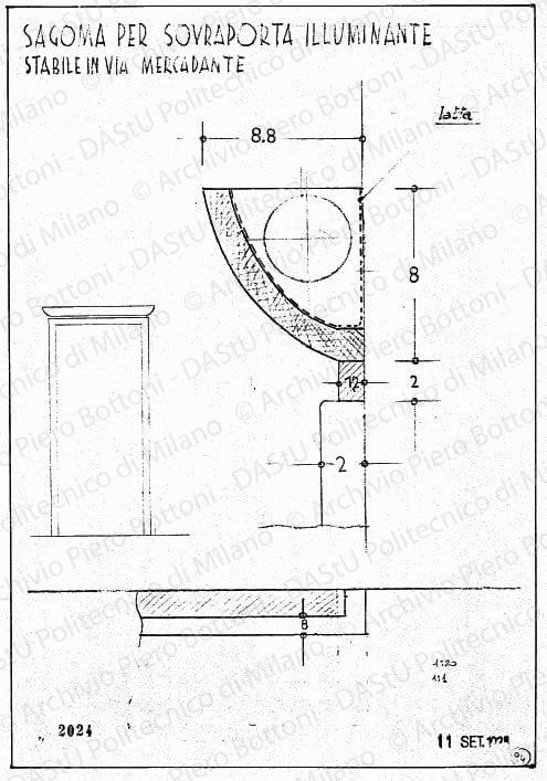 Stabile in via Mercadante, sagoma per sovraporta illuminante, scala 1:1, 1:20, prot. 2024, 11 settembre 1935. Matita su lucido, cm 37,9x26,2. 