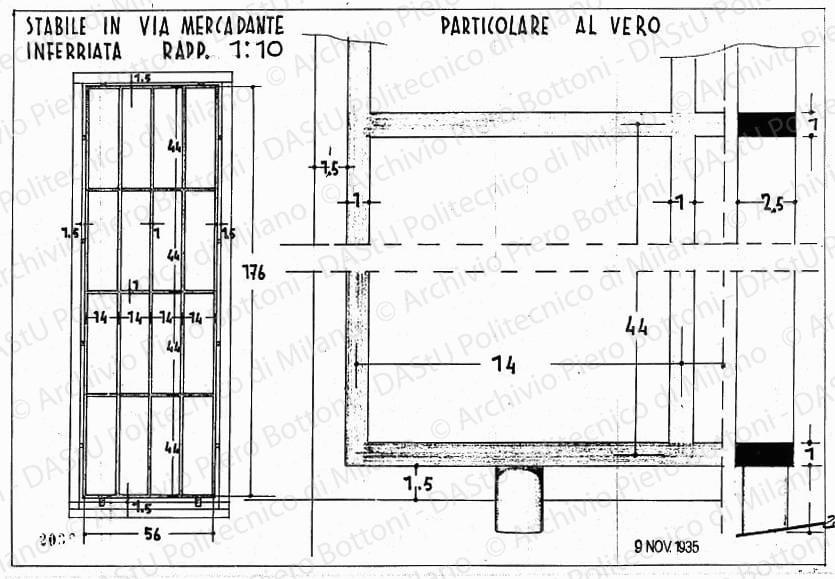 Stabile in via Mercadante, inferriata, scala 1:1, 1:10, prot. 2036, 9 novembre 1935. China e matita su lucido, cm 25,2x36,0. 