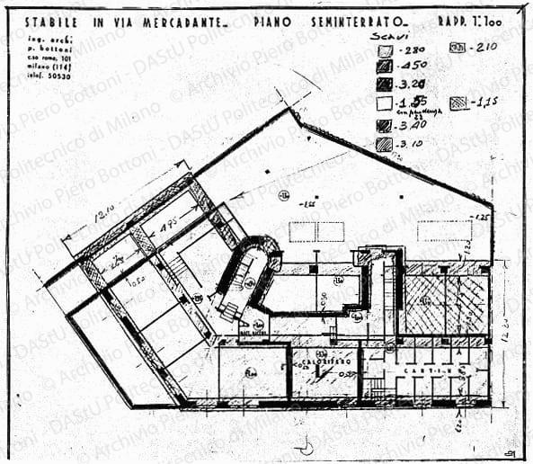 Indicazione scavi di fondazione su: Stabile in via Mercadante, pianta piano seminterrato, scala 1:100, s.d. Matita e matite colorate su eliografia su carta, cm 39,0x44,5. 
