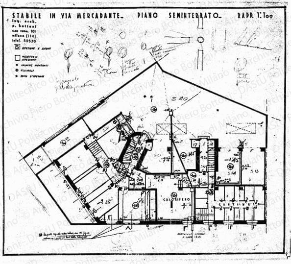 Indicazioni, correzioni e annotazioni varie per impianti e finitura su: Stabile in via Mercadante, pianta piano seminterrato, scala 1:100, s.d. Matita, penna e matite colorate su eliografia su carta, cm 38,7x41,2. 