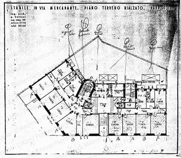 Indicazioni, correzioni e annotazioni varie per impianti e finitura su: Stabile in via Mercadante, pianta piano terreno rialzato, scala 1:100, s.d. Matita, penna e matite colorate su eliografia su carta, cm 39,0x41,5. 