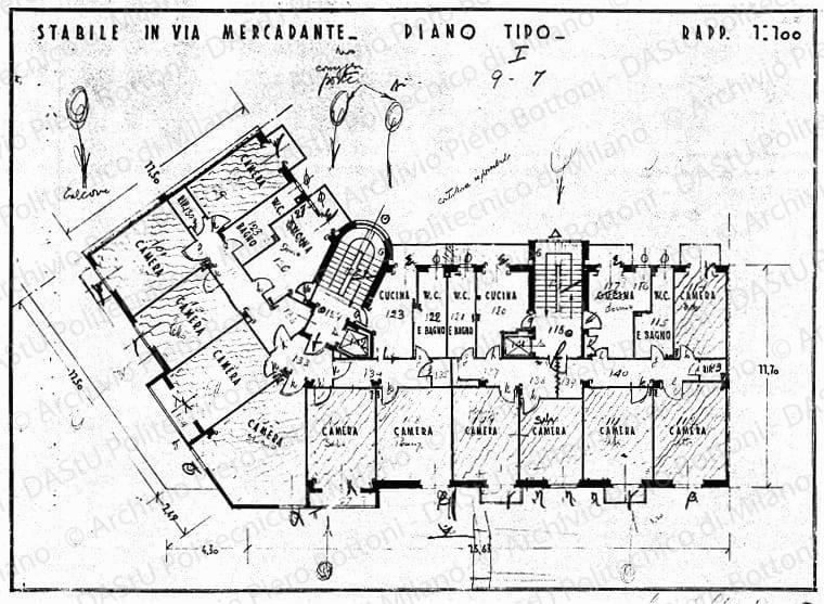 Indicazioni, correzioni e annotazioni varie per impianti e finitura su: Stabile in via Mercadante, pianta piano tipo I, scala 1:100, s.d. Matita, penna e matite colorate su eliografia su carta, cm 33,6x41,4. 