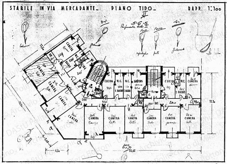 Indicazioni, correzioni e annotazioni varie per impianti e finitura su: Stabile in via Mercadante, pianta piano tipo II, scala 1:100, s.d. Matita, penna e matite colorate su eliografia su carta, cm 32,9x41,7. 