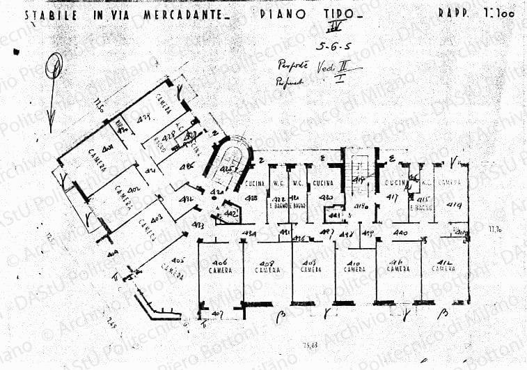 Indicazioni, correzioni e annotazioni varie per impianti e finitura su: Stabile in via Mercadante, pianta piano tipo IV, scala 1:100, s.d. Matita, penna e matite colorate su eliografia su carta, cm 32,6x41,3. 