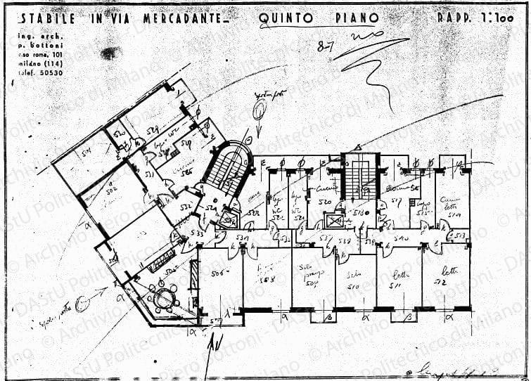 Indicazioni, correzioni e annotazioni varie per impianti e finitura su: Stabile in via Mercadante, pianta quinto piano, scala 1:100, s.d. Matita, penna e matite colorate su eliografia su carta, cm 32,5x41,5. 