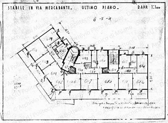 Indicazioni, correzioni e annotazioni varie per impianti e finitura su: Stabile in via Mercadante, pianta ultimo piano, scala 1:100, s.d. Matita e matita rossa su eliografia su carta, cm 33,8x45,8. 