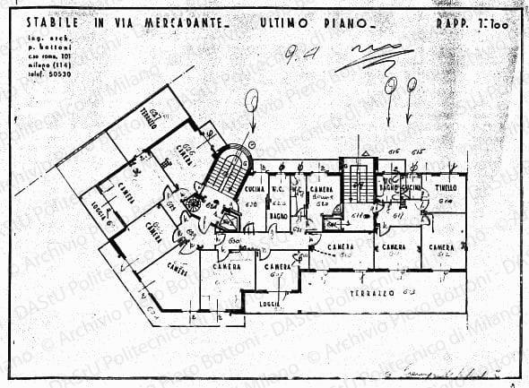 Indicazioni, correzioni e annotazioni varie per impianti e finitura su: Stabile in via Mercadante, pianta ultimo piano, scala 1:100, s.d. Matita, penna e matite colorate su eliografia su carta, cm 32,7x41,3. 