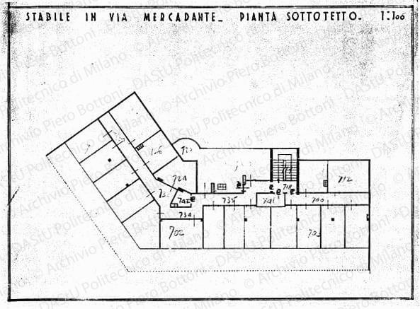 Indicazioni, correzioni e annotazioni varie per impianti e finitura su: Stabile in via Mercadante, pianta sottotetto, scala 1:100, s.d. Matita e matita rossa su eliografia su carta, cm 40,0x45,0. 