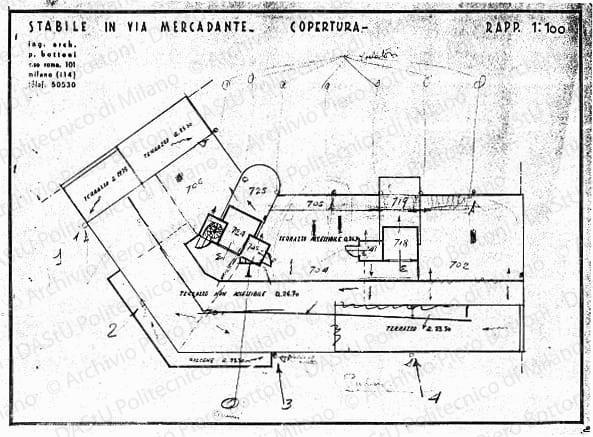 Indicazioni, correzioni e annotazioni varie per impianti e finitura su: Stabile in via Mercadante, pianta copertura, scala 1:100, s.d. Matita e matite colorate su eliografia su carta, cm 43,0x41,5. 