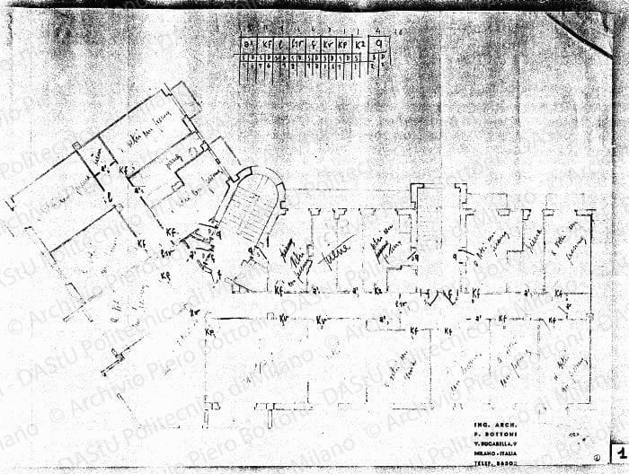 Indicazioni per porte interne su: Pianta piano tipo, scala 1:50, s.d. Matita su eliografia su carta, cm 52,2x71,0. 