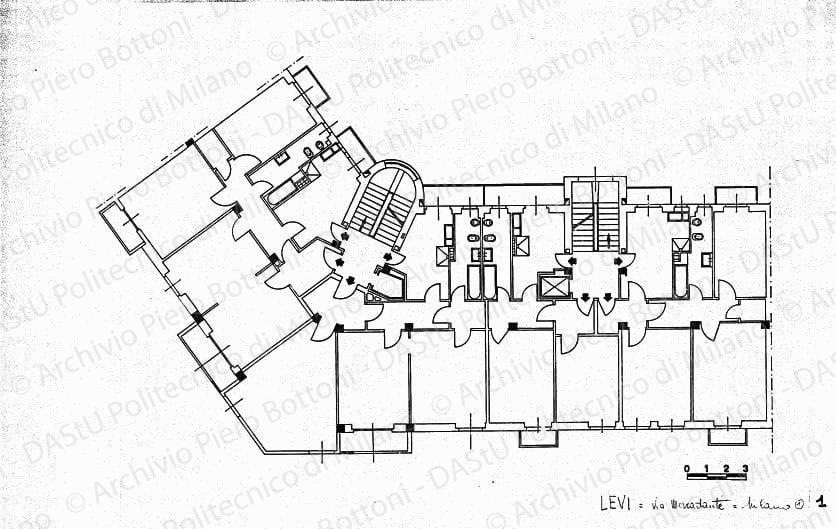 Levi via Mercadante Milano, pianta piano tipo (per pubblicazione), scala 1:50, s.d. China su lucido, cm 53,2x77,4. CS17.