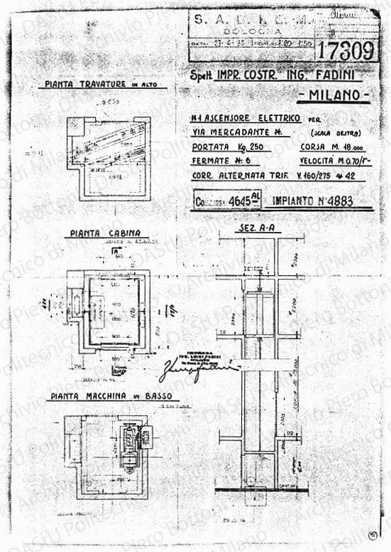 Sabiem Bologna, ascensore elettrico per via Mercadante, piante e sezioni, scala 1.20, 1:50,27 aprile 1935. Eliografia su carta, timbrata e firmata, cm 57,7x39,7. 