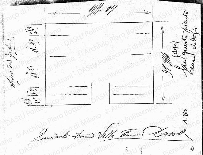 [...] terreno villa com. Davoli, planimetria schematica dimensioni terreno, scala 1:200, s.d. Matita su carta, cm 21,9x27,5. Annotazioni a matita e matita verde.