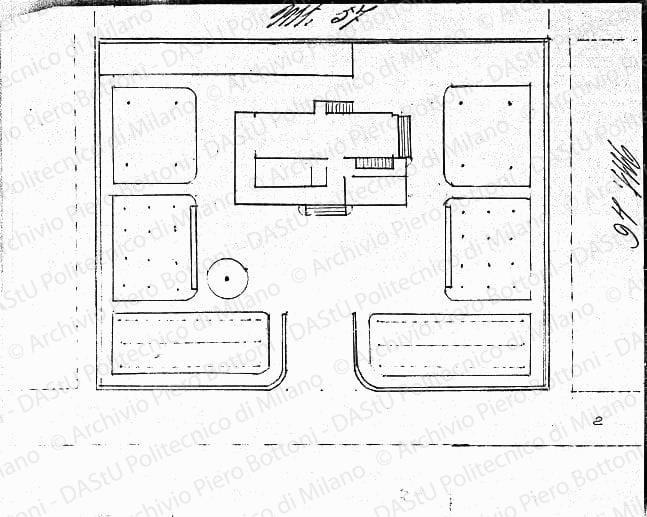 Planimetria schematica disposizione villa, scala 1:200, s.d. Matita su carta, cm 22,0x27,5. 
