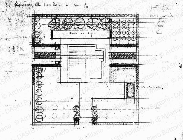 Sallione: villa com. Davoli, planimetria, scala 1:200, s.d. Matita e matite colorate su eliografia su carta, cm 34,4x44,2. 