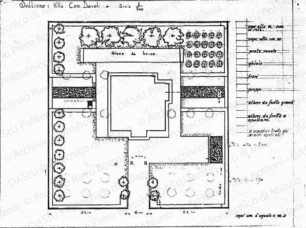 Sallione: villa com. Davoli, planimetria, scala 1:200, s.d. China e matita su lucido, cm 34,7x45,3.