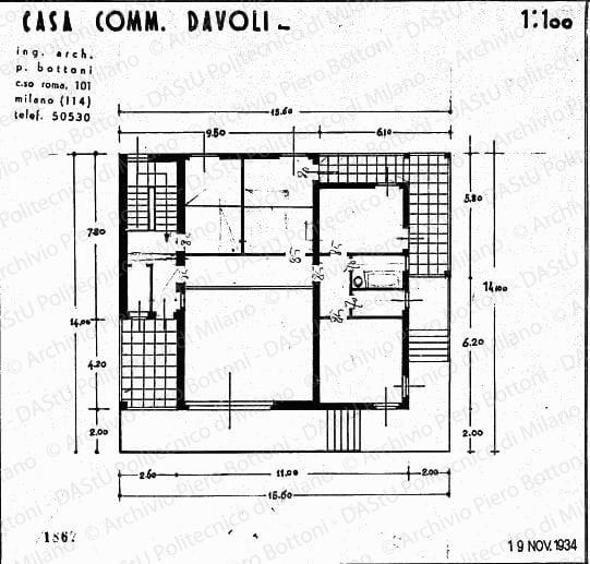 Casa comm. Davoli, pianta piano terra, scala 1:100, prot. 1869, 19 novembre 1934. China su lucido, cm 28,9x29,4. 