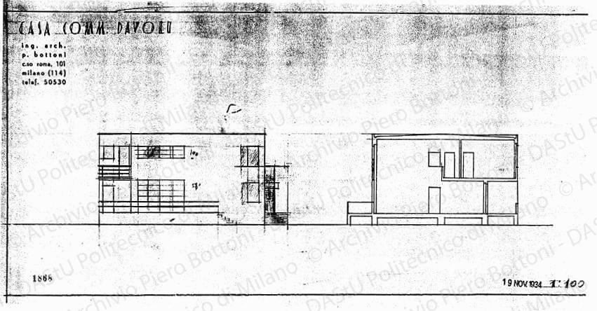 Casa comm. Davoli, prospetto e sezione, scala 1:100, prot. 1868, 19 novembre 1934. Matita su lucido, cm 26,0x50,0. 