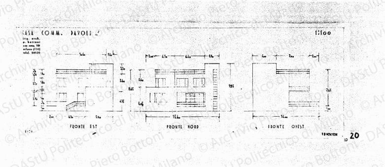 Casa comm. Davoli, fronte est, fronte nord, fronte ovest, scala 1:100, prot. 1870, 19 novembre1934. Matita su lucido, cm 24,8x70,0. 