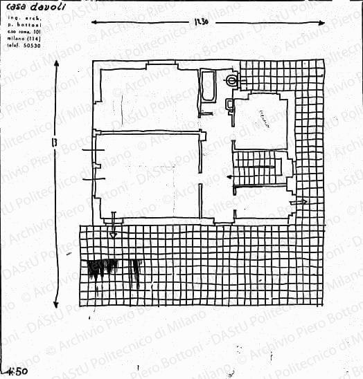 Casa Davoli, pianta piano terra, scala 1:50, s.d. China su lucido, cm 39,7x43,2. 
