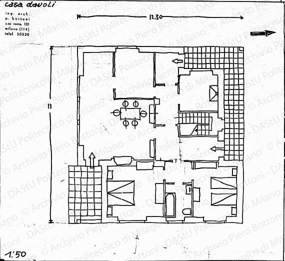 Casa Davoli, pianta primo piano, scala 1:50, s.d. China su lucido, cm 41,2x39,9. 