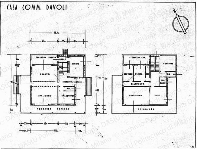 Casa comm. Davoli, pianta piano terra e primo piano, scala 1:100, s.d. China e matita su lucido, cm 37,0x48,9. 