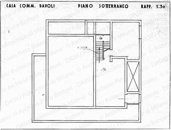 Casa comm. Davoli, pianta piano sotterraneo, scala 1:50, s.d. China su lucido, cm 37,8x51,8.
