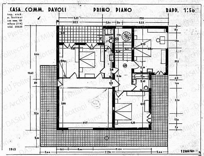 Casa comm. Davoli, pianta primo piano, scala 1:50, prot. 1845, 12 marzo 1935. China su lucido, cm 37,0x49,6. 