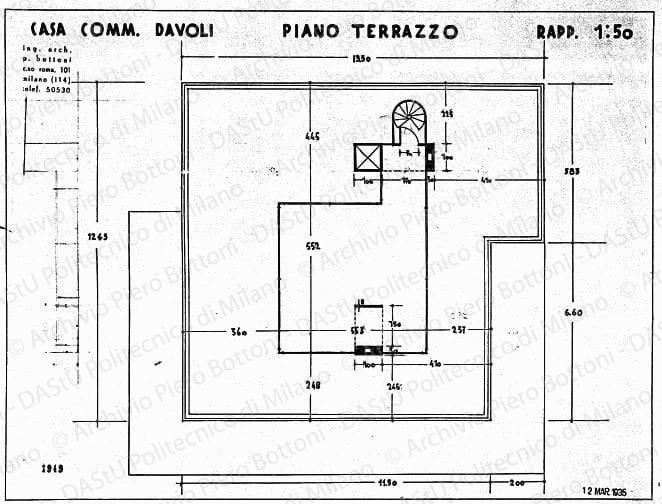 Casa comm. Davoli, pianta piano terrazzo, scala 1:50, prot. 1849, 12 marzo 1935. China su lucido, cm 38,8x49,6. 