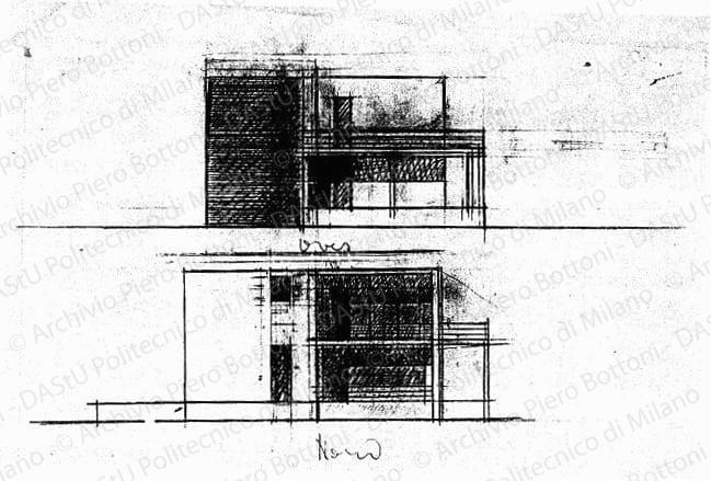 Studio dei prospetti ovest e nord, scala 1:100, s.d. Matita su lucido, cm 32,5x39,0. 