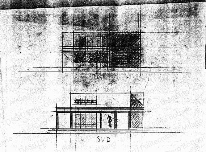 Studio dei prospetti est e sud, scala 1:100, s.d. Matita su lucido, cm 30,0x38,7. 