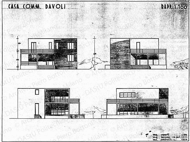 Casa comm. Davoli, prospetti, scala 1:100, s.d. China e matita su lucido, cm 39,3x50,9. 