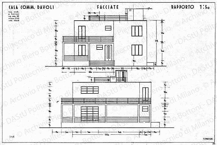 Casa comm. Davoli, facciate, scala 1:50, prot. 1846, 12 marzo 1935. China su lucido, cm 48,8x73,7. 