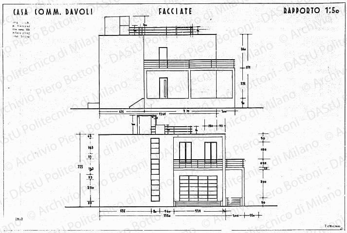 Casa comm. Davoli, facciate, scala 1:50, prot. 1847, 12 marzo 1935. China su lucido, cm 48,5x72,9. 
