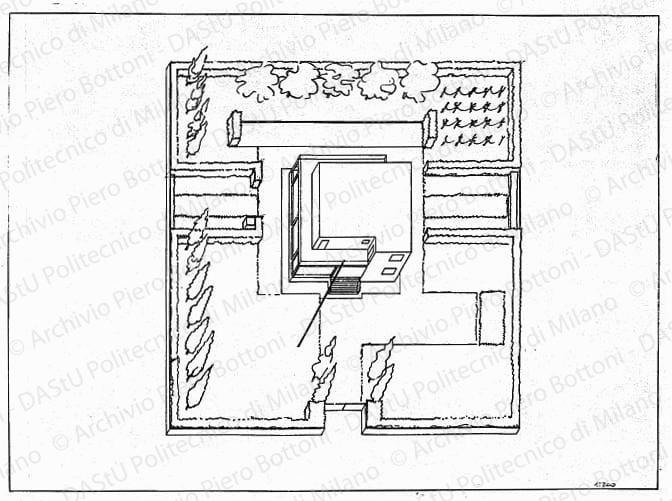 Davoli, veduta assonometrica casa e giardino, scala 1:200, s.d. China su lucido, cm 38,5x52,0.