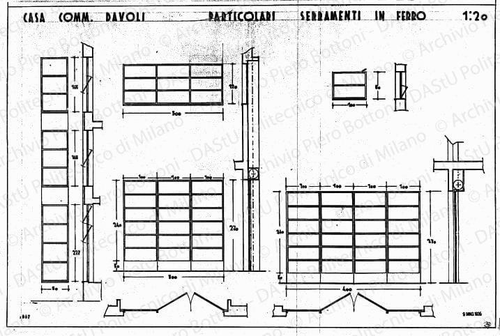 Casa comm. Davoli, particolari serramenti in ferro, scala 1:20, prot. 1967, 9 maggio 1935. China su lucido, cm 48,8x74,0.