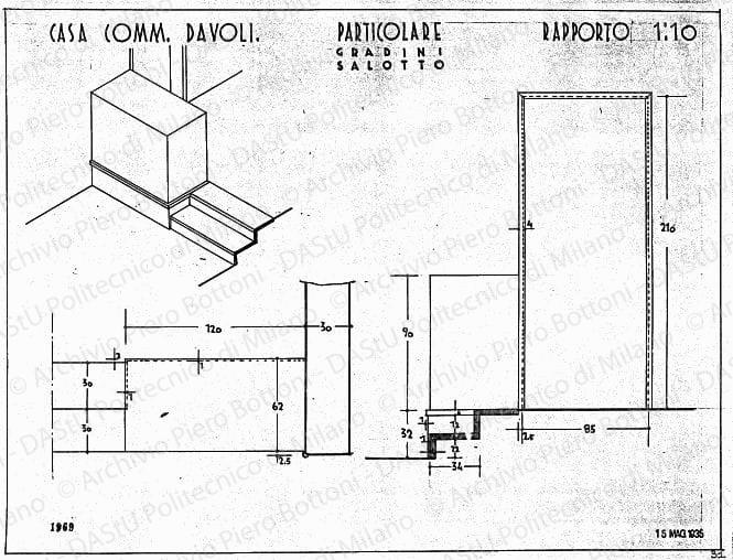 Casa comm. Davoli, particolare gradini salotto, scala 1:10, prot. 1969, 15 maggio 1935. China su lucido, cm 37,2x49,5. 