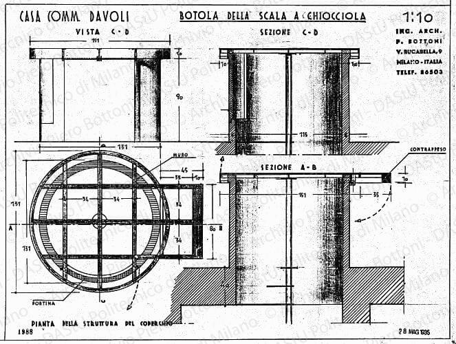 Casa comm. Davoli, botola della scala a chiocciola, pianta, vista e sezioni, scala 1:10, prot. 1988,28 maggio 1935. China e matita su lucido, cm 37,6x50,3. 