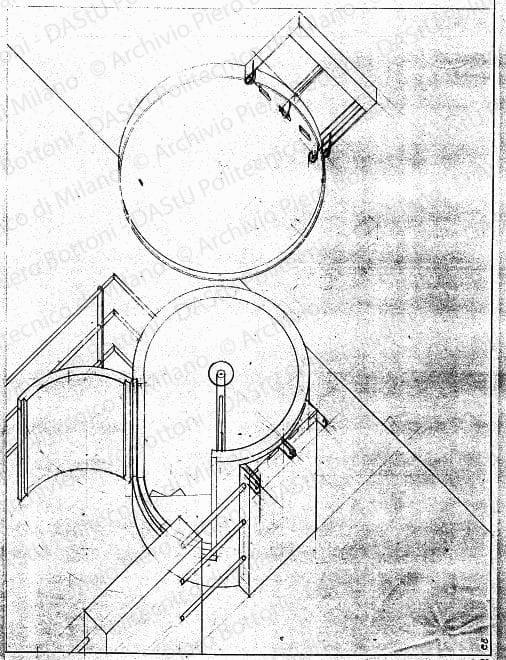 Botola della scala a chiocciola, assonometria, scala 1:10, s.d. Matita su lucido, cm 49,5x36,4.