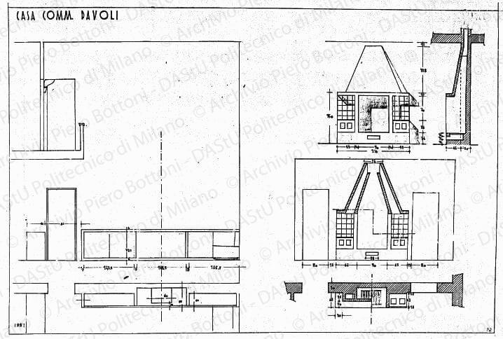 Casa comm. Davoli, camino, piante viste e sezioni, scala 1:20, prot. 1992, s.d. China e matita su lucido, cm 49,5x76,0. 