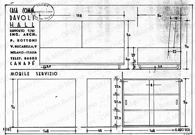 Casa comm. Davoli, hall, canapè e mobile servizio, scala 1:10, prot. 2014, 1 agosto 1935. China su lucido, cm 26,0x36,5.