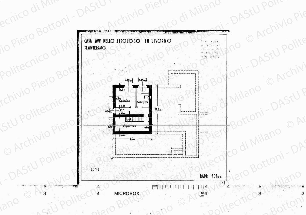 Casa avv. Dello Strologo in Livorno, seminterrato, scala 1:100, s.d. Eliografia su carta, cm 30,3 x 30,1.