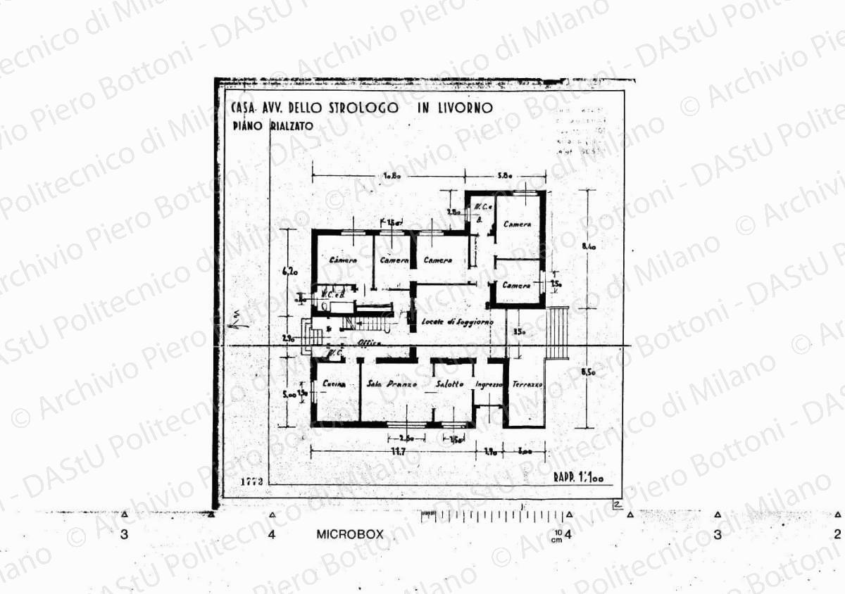 Casa avv. Dello Strologo in Livorno, piano rialzato, scala 1:100, s.d. Eliografia su carta, cm 30,7 x 29,8. Correzioni e annotazioni a matita