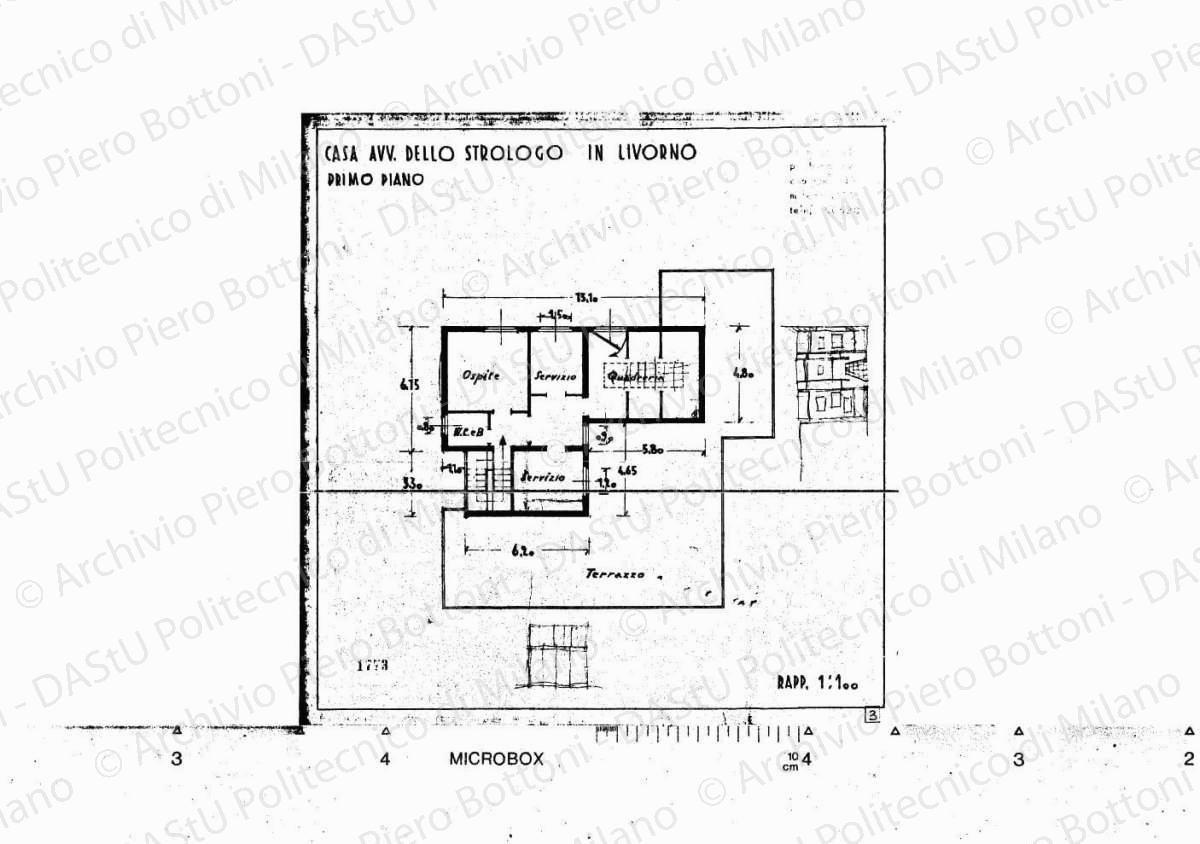 Casa avv. Dello Strologo in Livorno, primo piano, scala 1:100, s.d. Eliografia su carta, cm 30,6 x 30,0. Correzione, annotazioni e schizzi a matita.