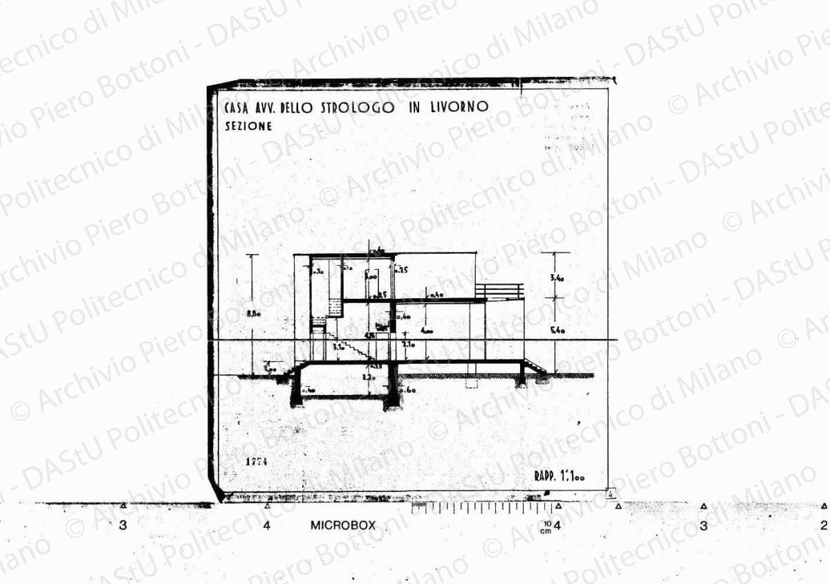 Casa avv. Dello Strologo in Livorno, sezione, scala 1:100, s.d. Eliografia su carta, cm 30,6 x 29,8.