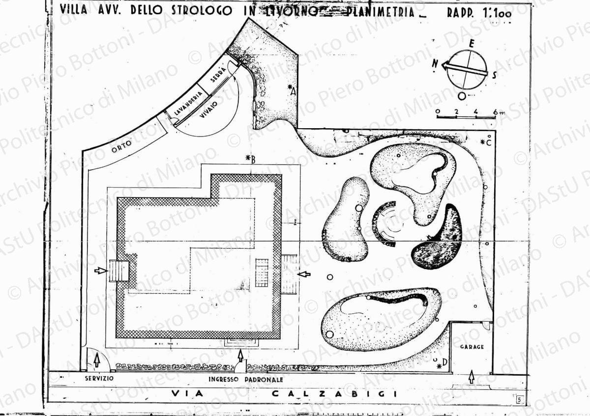 Villa avv. Dello Strologo in Livorno, planimetria, scala 1:100, s.d. Eliografia su carta, cm 43,0 x 49,8.