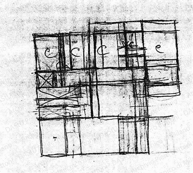Schizzo primo piano, pianta, s.d. Matita e matita rossa su lucido, cm 13,8x15,0. 