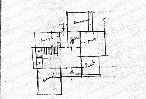 Schizzo piano terra, pianta, s.d. Matita su lucido, cm 16,5x15,0. 