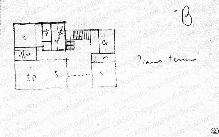 Schizzo B piano terreno, pianta, s.d. Matita su lucido, cm 12,6x19,6. 